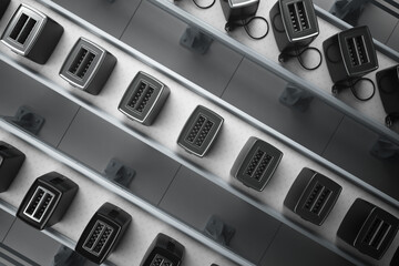 Industrial Production Line: Array of Black Toasters on Conveyor Systems