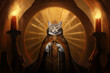 icone animalière d'un chat suivant le style de l'art religieux catholique, avec beaucoup de dorure à la feuille d'or. Chat en tenue épiscopale d'évêque. animal iconique depuis la religion des Pharaons