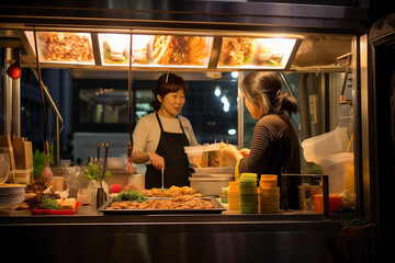 Happy asian chef  working in harmony in a food truck kitchen.