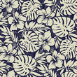 Blue hibiscus flowers with tropical leaves wallpaper vintage vector seamless pattern 