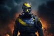 A soldier in a gas mask. On a yellow and blue background. Smoke soldier 
