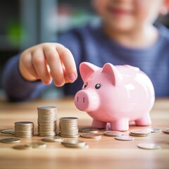 Wall Mural - Close up of little boy saving coin into piggy bank at home. Closeup of child hand putting penny coin in piggy bank on table. Kid saving money by adding coin in pig shaped bank.