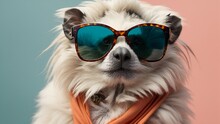 Funny And Colorful Cottontop Tamarin Monkey With Sunglasses And A Colorful Pastel Background. Summer Vacation Concept