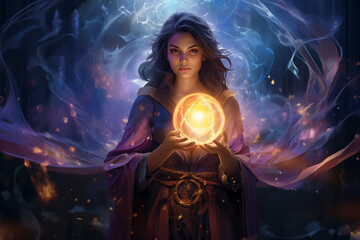 Wall Mural - beautiful enchantress holding glowing crystal ball with swirling magic cloudy swirl backgound, fantasy painting 