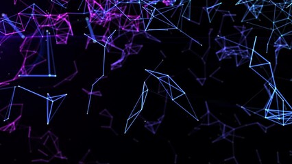 Wall Mural - technological abstract background of neon purple moving lines and dots connected in a weave. seamles