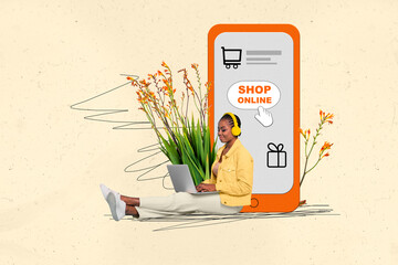 Artwork collage picture of mini girl use laptop listen music earphones big smart phone screen shop online bloom flowers isolated on beige background