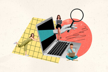 Poster - Artwork collage picture of mini people huge laptop screen black white colors arm hold magnifier loupe isolated on painted background