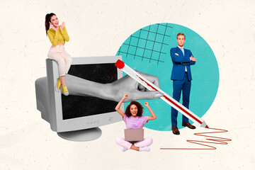 Aufkleber - Sketch banner collage of successful professional people working office signing deal contract isolated on drawing background