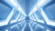Corridor tunnel of space station ship, glowing futuristic panels of blue color, metal walls reflection of light. Podium stage long way. 3d render