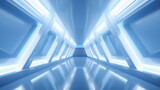 Fototapeta Do przedpokoju - Corridor tunnel of space station ship, glowing futuristic panels of blue color, metal walls reflection of light. Podium stage long way. 3d render