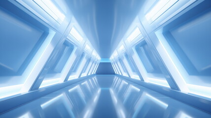 Poster - Corridor tunnel of space station ship, glowing futuristic panels of blue color, metal walls reflection of light. Podium stage long way. 3d render