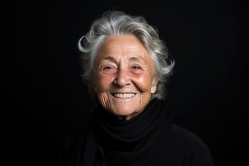 Happy Old French Woman On Black Background. Сoncept Elegant Vintage Fashion, Classic French Style, Sophisticated Black And White, Timeless Beauty.