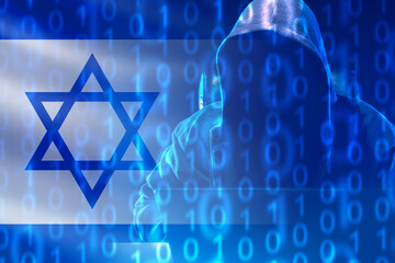 Poster - Hacker from Israel. Man in hood with laptop. Israel flag with binary code. Cybersecurity. Hacker works for Israeli government. Employee of Israeli cyber army. Hacker sits at computer. 3d image