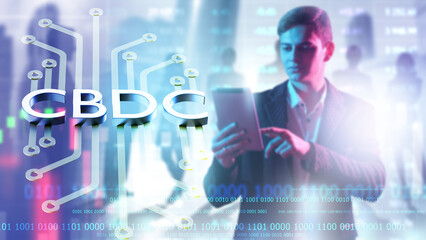 Poster - CBDC money. Man investor. Central bank digital currency. Guy is trader. CBDC logo. Introduction of blockchain into financial system. CBDC investments. Man analyzes crypto market. Art focus