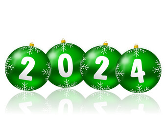Aufkleber - New years 2024 illustration with green Christmas baubles isolated on white background with reflection