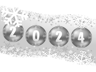 Wall Mural - New years 2024 illustration with silver Christmas baubles on white snowflakes background