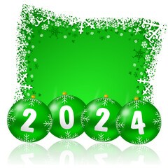 Aufkleber - New year 2024 illustration with Christmas baubles and snowflakes on green background, winter holiday graphic