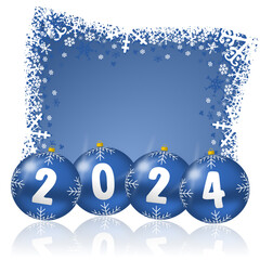 Aufkleber - New year 2024 illustration with Christmas baubles and snowflakes on blue background, winter holiday greeting card