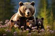 Grizzly Mother and Two Cubs On Mountain Slope