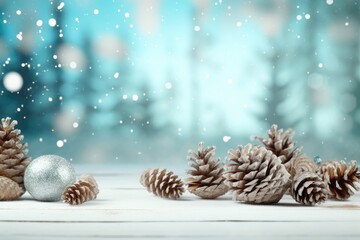  Christmas decoration - snowy pine cones on snow with Christmas lights