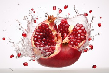 Wall Mural - Pomegranate juice splash isolated on white background. Levitation of a pomegranate with a splash of water.
