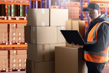 Poster - Man warehouse worker. Storage specialist with laptop. Guy is near shelves and cardboard boxes. Supervisor conducts audit at warehouse. Man storage manager uses computer. Guy is in warehouse business