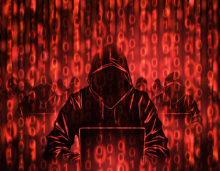 Poster - Hacker team. Cyber background. Silhouettes of people in hood with laptop. Binary code metaphor cyber attack. Background with hackers. Cyber army. Digital crimes. Hackers backdrop. 3d image