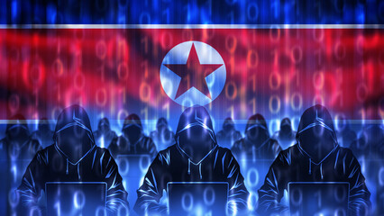 Poster - North Korea cyber army. Hackers with laptops. Silhouettes of people in hoods. Flag of DPRK with binary code. Cyber army uses internet. Computer specialists from north Korea. 3d image