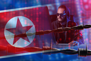 Poster - Programmer with North Korea flag. Man is sitting near laptop. Barbed wire near hacker. Hacking Korean software. Computer program developer from DPRK. Man hacker from north korea. Cyber criminal