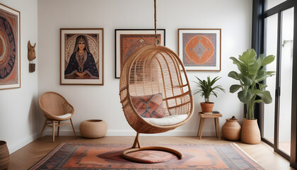 Wall Mural - A modern boho office space featuring a hanging rattan chair, a vintage Persian rug, and an eclectic gallery wall showcasing vibrant artwork and framed photo ai generation