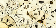 Retro Styled Image Of A Collection Of Vintage Weathered Clock Faces