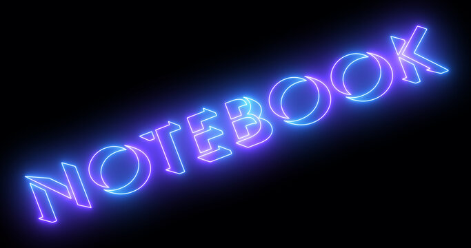 Neon-colored notebook word text illustration with a glowing neon-colored outline on a dark background in high resolution. Technology video material illustration. Easy to use.