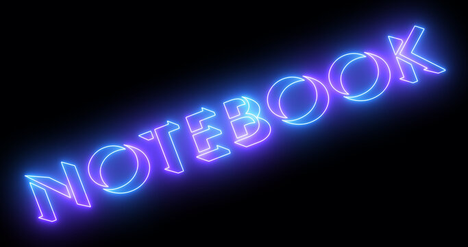Neon-colored notebook word text illustration with a glowing neon-colored outline on a dark background in high resolution. Technology video material illustration. Easy to use.