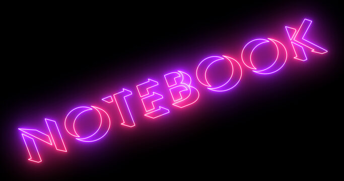 Neon-colored notebook word text illustration with a glowing neon-colored outline on a dark background in high resolution. Technology video material illustration. Easy to use.