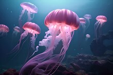 Beautiful Pink Jellyfish Swim Slowly Underwater. Concept Of Nature, Ecology, Sea World