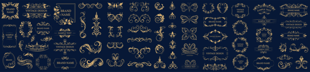 Wall Mural - Set of gold vintage frame and corners icon. Vector illustration.