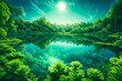 A surreal landscape where the sky is reflected in the green leaves, blurring the boundary between earth and sky, creating an atmosphere that feels like an otherworldly dreamscape