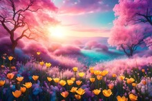 A dreamy Spring Background transformed into an ethereal landscape, the flowers taking on a surreal glow, the colors enhanced to create a scene that feels like a fantasy realm within the spring season