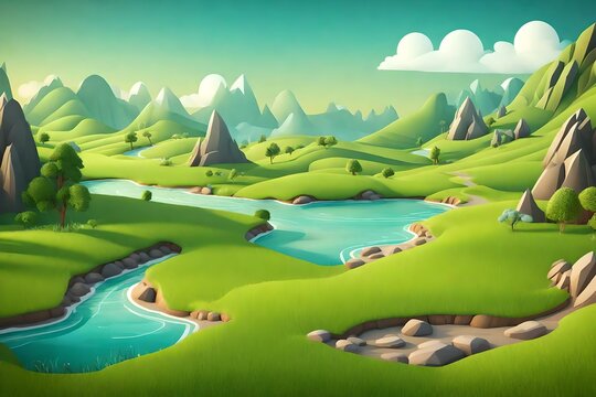 Fantastic, realistic-looking fantasy land with grass, hills, rivers, and trees. Realistic cartoon-style scene design, concept illustration, and digital computer graphics artwork for video games.