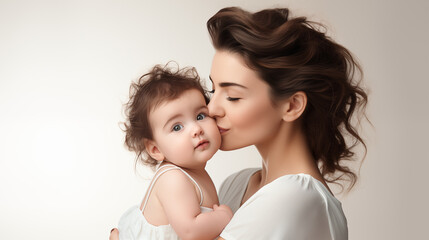 Mother's day. Young Caucasian woman kissing her young daughter (baby), isolated in plain white background, copy space.