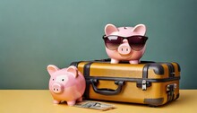 Pig Piggy Bank With Glasses And A Suitcase Is Preparing For Vacation