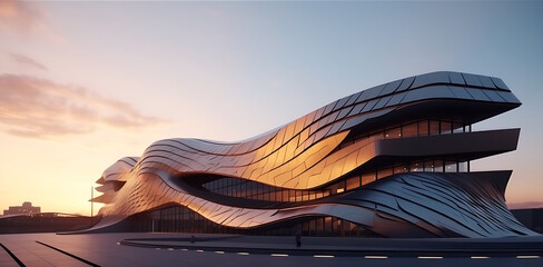 Front view of a futuristic modern architecture building with geometric pattern BIPV solar thin film panels. Shot at golden hour. Generative AI.