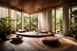 Tranquil meditation space with floor cushions, a small indoor fountain, and gentle curtain movements