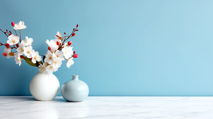 Canvas Print - Minimalistic Interior With Marble Countertop And Vases With Flowers On A Blue Background - legal AI
