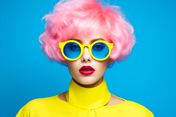 Wall Mural - Woman with pink hair and yellow sunglasses on her face.