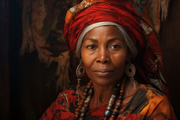 portrait of an old African American woman in traditional ethnic clothing and headdress