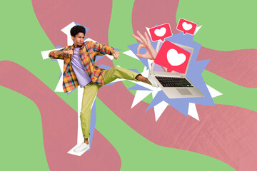 Sticker - Photo comics sketch collage picture of cool funky guy kicking apple samsung modern gadget isolated creative background