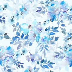  水彩で描いたブルーの草花のシームレスパターン

