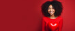 Happy, elegant, laughing, carefree girl African American dark-skinned, woman with heart on red background for Valentine's day, banner, advertisement.