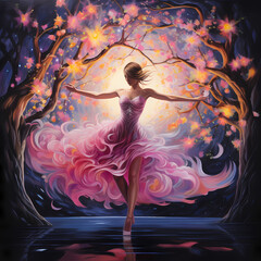 Canvas Print - a ballet featuring chromatic influences, abstract sakura elements during nightfall, and dynamic compositions